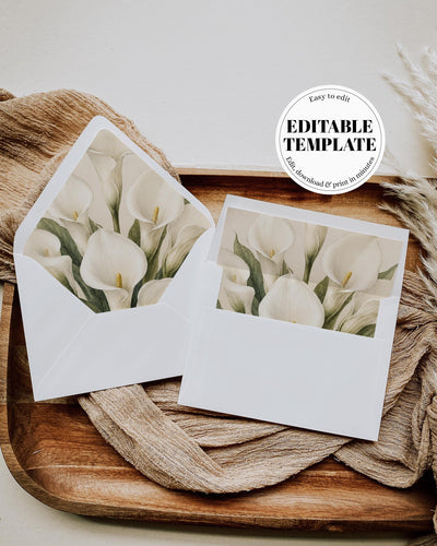 Calla Lily Envelope Liner Template, Fine Art Floral Wedding Invitation Insert, Elegant Printable A7