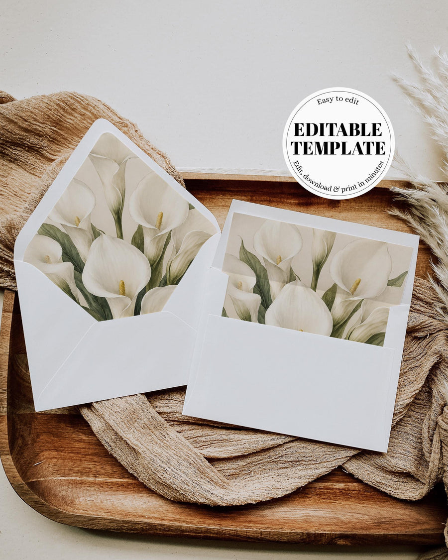 Calla Lily Envelope Liner Template, Fine Art Floral Wedding Invitation Insert, Elegant Printable A7 - marryful.org