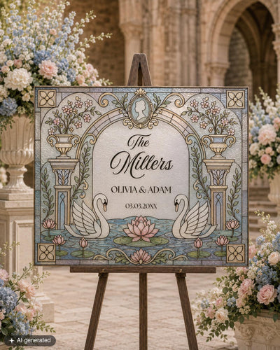Stained Glass Wedding Keepsake Sign Template, Regency Swan Last Name Sign, Vintage Manor Printable 035STGL-WLCM - marryful.org
