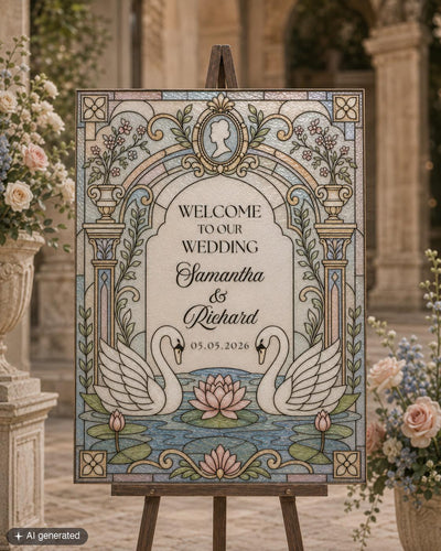 Faux Stained Glass Wedding Sign Template, Regency Swan Welcome Sign, Vintage Garden Acrylic Printable 035STGL-WLCM - marryful.org