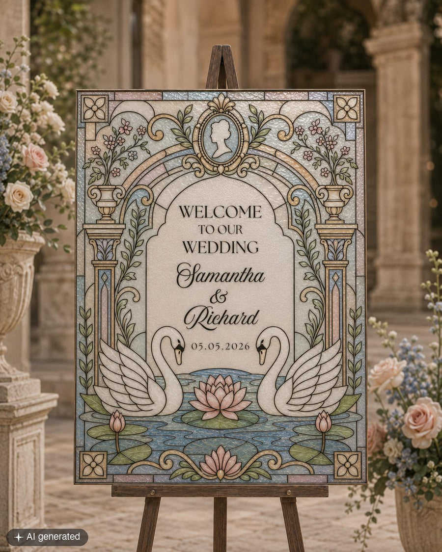 Faux Stained Glass Wedding Sign Template, Regency Swan Welcome Sign, Vintage Garden Acrylic Printable 035STGL-WLCM - marryful.org