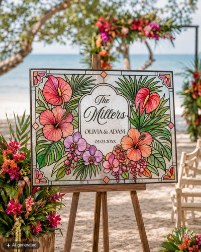 Tropical Hawaiian Wedding Last Name Sign Template, Faux Stained Glass Island Keepsake Printable 035STGL-WLCM - marryful.org