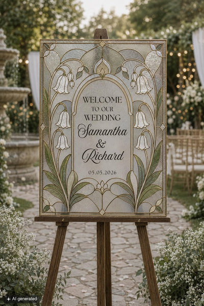 Faux Stained Glass Wedding Welcome Sign Template, Bellflower Garden Floral Acrylic Printable 035STGL-WLCM - marryful.org