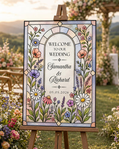 Wildflower Faux Stained Glass Welcome Sign Template, Meadow Wedding DIY Acrylic Tracing Canva 035STGL-WLCM