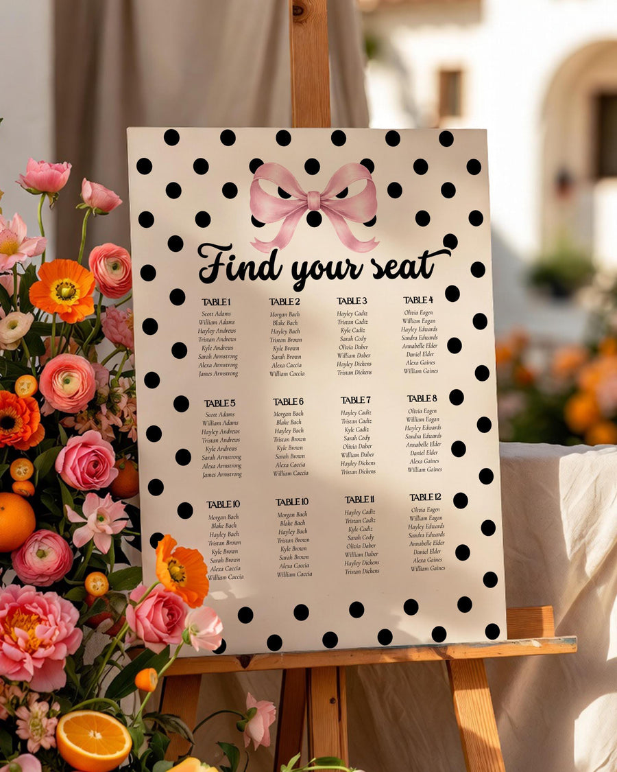 Polka Dot Birthday Seating Chart, Spotted Dinner Party Table Plan Template 083BW-SEAT - marryful.org