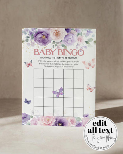 Baby Shower Bingo Card, Enchanted Butterfly Floral Activity Game, Pink Purple Editable Printable Template 023EN-GAME - marryful.org