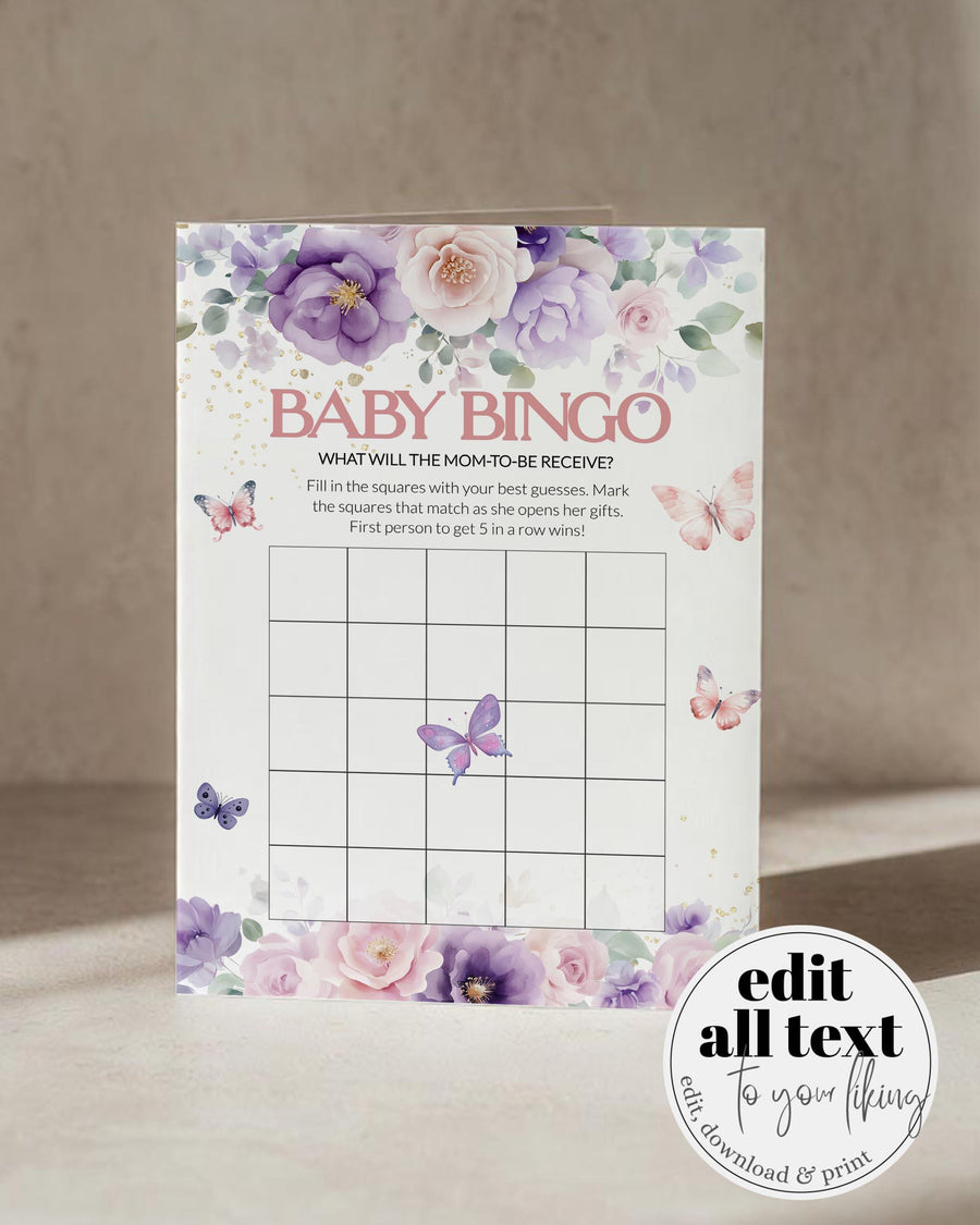 Baby Shower Bingo Card, Enchanted Butterfly Floral Activity Game, Pink Purple Editable Printable Template 023EN-GAME - marryful.org