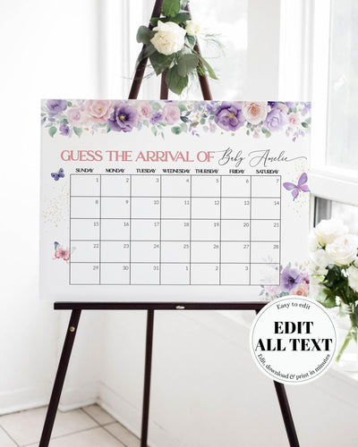 Guess The Date Baby Shower Sign, Enchanted Butterfly Calendar Game, Floral Editable Printable Template 023EN-GUDD - marryful.org