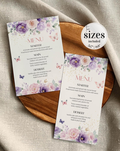 Enchanted Baby Shower Menu Card, Pink Purple Floral Table Stationery, Butterfly Editable Printable Template 023EN-MENU - marryful.org
