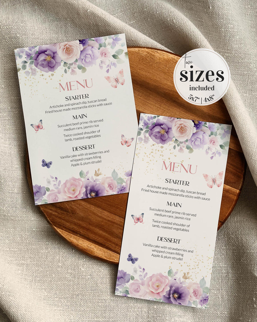Enchanted Baby Shower Menu Card, Pink Purple Floral Table Stationery, Butterfly Editable Printable Template 023EN-MENU - marryful.org