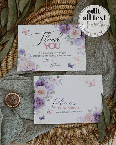 Enchanted Baby Shower Thank You Card, Pink Purple Butterfly Note, Floral Editable Printable Template 023EN-THCA - marryful.org
