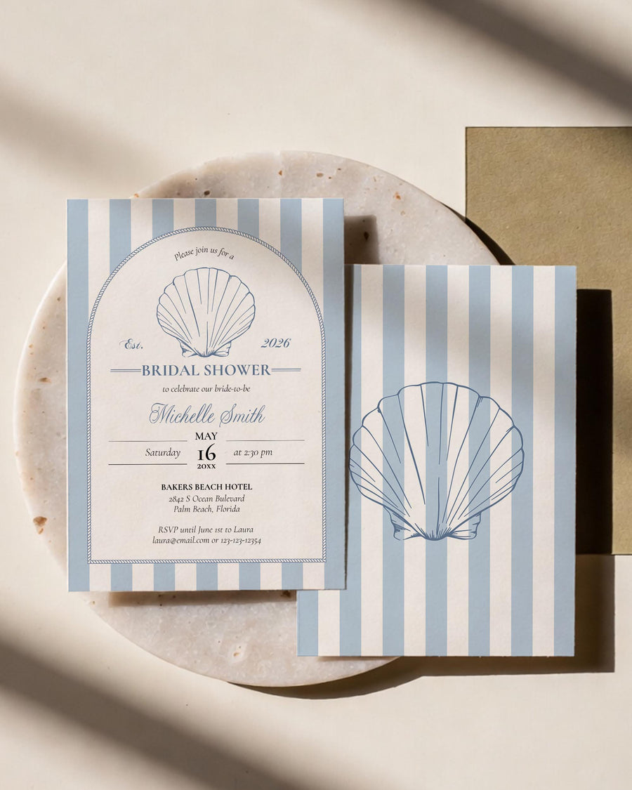 Blue stripe bridal shower invitation template with seashell artwork, rope border, coastal grandmother Hamptons style and editable wedding shower details.
