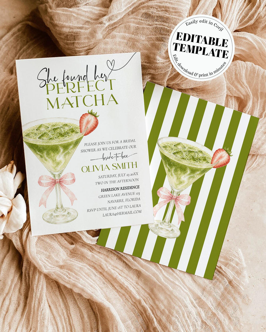 Matcha Bridal Shower Invitation Template, Strawberry Martini Coquette Tea Party Invite Printable 090PM-BRSINV - marryful.org