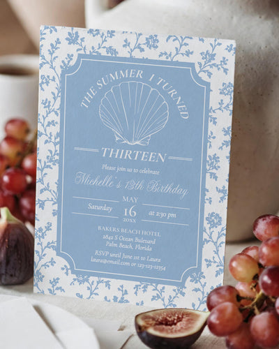 Coastal Grandmother Bridal Shower Invitation, Blue Toile Seashell Chinoiserie Printable Editable Template 085CO-BINV2 - marryful.org
