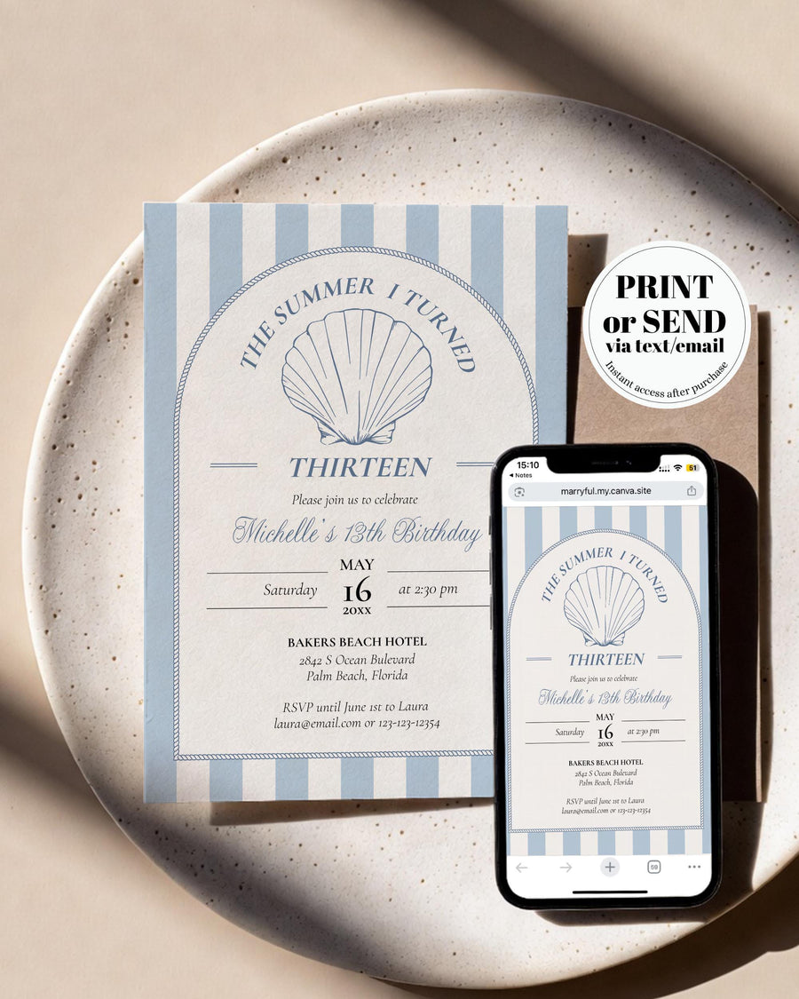 Simple vintage coastal birthday invitation with striped background, seashell, bow and editable text.