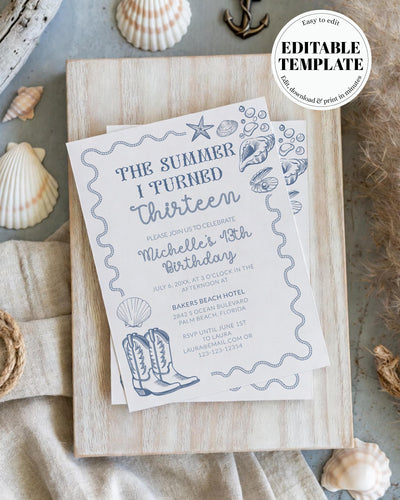 The Summer I Turned Thirteen, Coastal Cowgirl Birthday Invitation, Western Beach Boots Invite, Editable Seashell Party Template 024CC-BINV - marryful.org