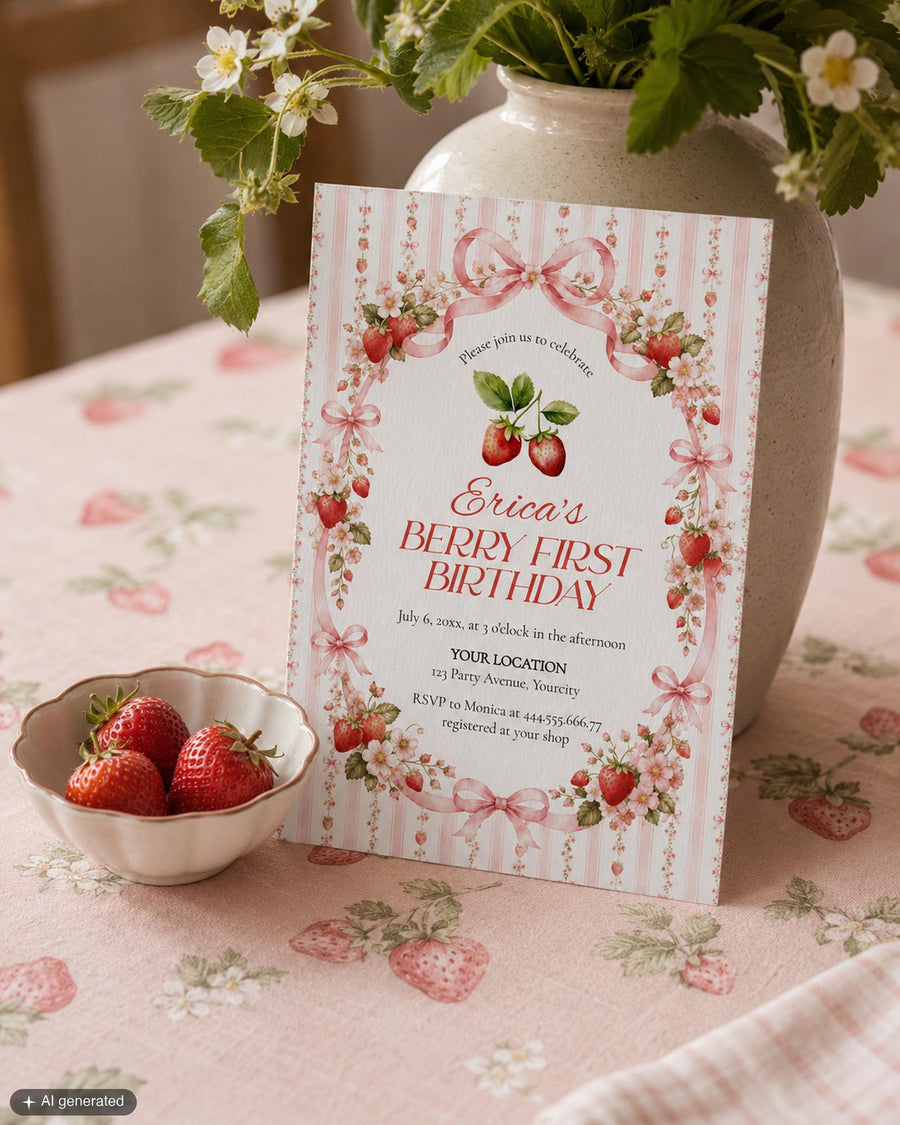 Berry First Birthday Invitation, Pink Strawberry Bow Party Design, Sweet One Editable Template 069BE-BINV - marryful.org