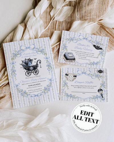 Little Boo Baby Shower Invitation Set, Blue Floral Halloween Vintage Bow Editable Template 069HA-BINV - marryful.org