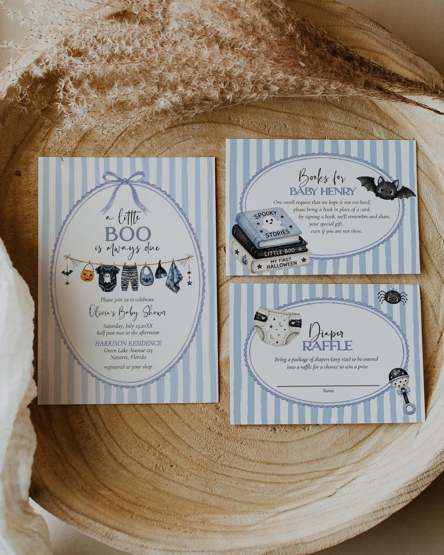 A Little Boo Is Almost Due Invitation Set, Blue Halloween Baby Shower Template 089HA-BSINV - marryful.org