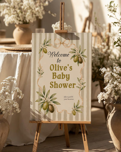 Olive Baby Shower Welcome Sign, Sage Green Stripes, Editable Vintage Bow Template 089OL-WLCM - marryful.org