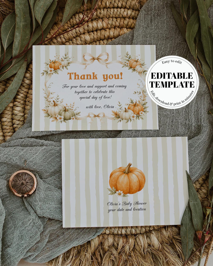 Pumpkin Baby Shower Thank You Card, Cottagecore Bow Note, Fall Gender Neutral Template 089PU-THCA - marryful.org