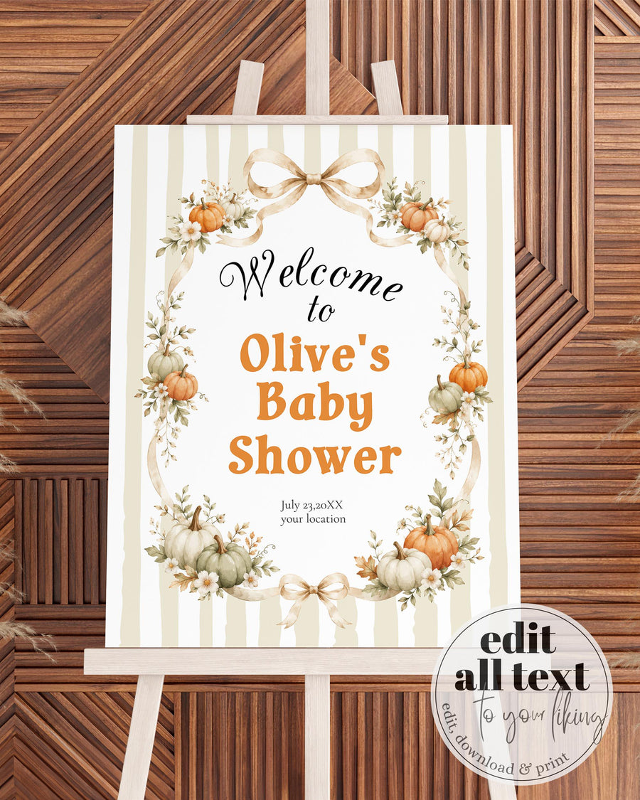 Pumpkin Baby Shower Welcome Sign, Cottagecore Bow Frame Poster, Fall Gender Neutral Template 089PU-WLCM - marryful.org