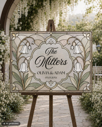 Wedding Last Name Keepsake Sign Template, Bellflower Stained Glass, Garden Floral Printable 035STGL-WLCM - marryful.org