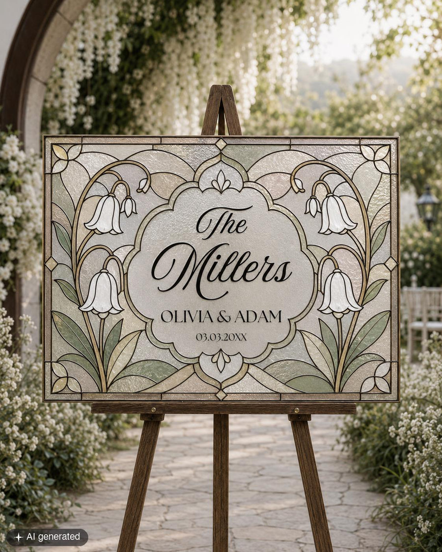 Wedding Last Name Keepsake Sign Template, Bellflower Stained Glass, Garden Floral Printable 035STGL-WLCM - marryful.org