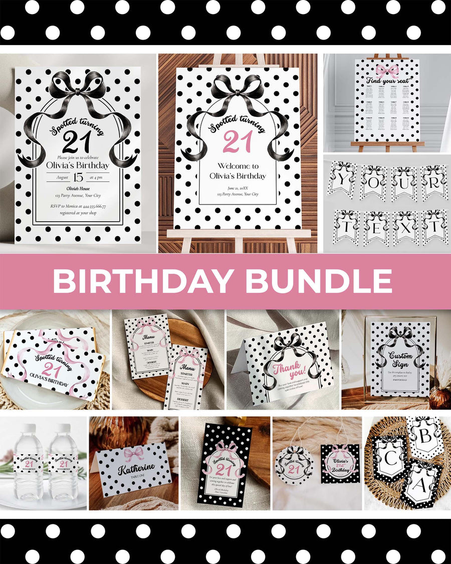 Spotted Turning Birthday Bundle, Black White Polka Dot Party Decor, Editable Digital Template 083BW-BSBUNDLE - marryful.org