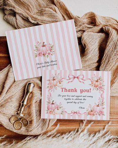 Pink Pumpkin Baby Shower Thank You Card, Girl Fall Bow Editable Template 089PU-THCA-PI - marryful.org