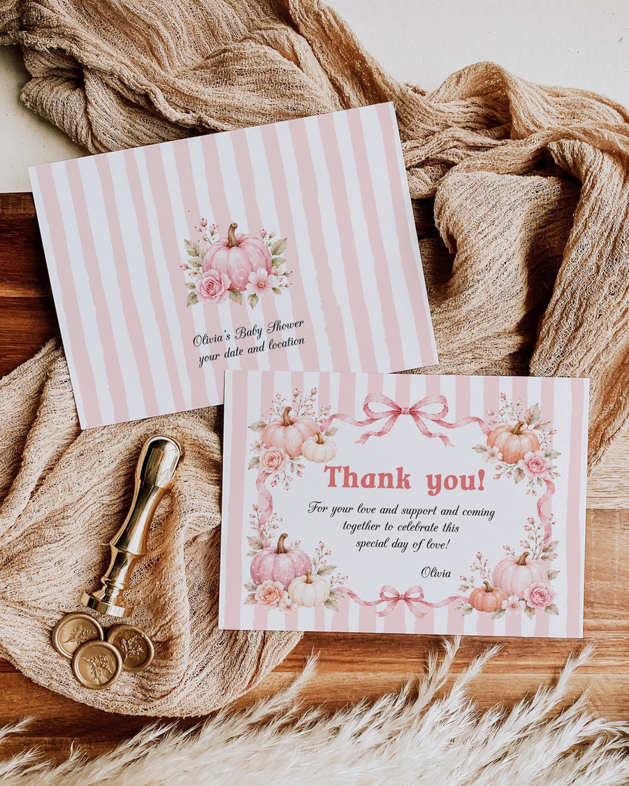Pink Pumpkin Baby Shower Thank You Card, Girl Fall Bow Editable Template 089PU-THCA-PI - marryful.org