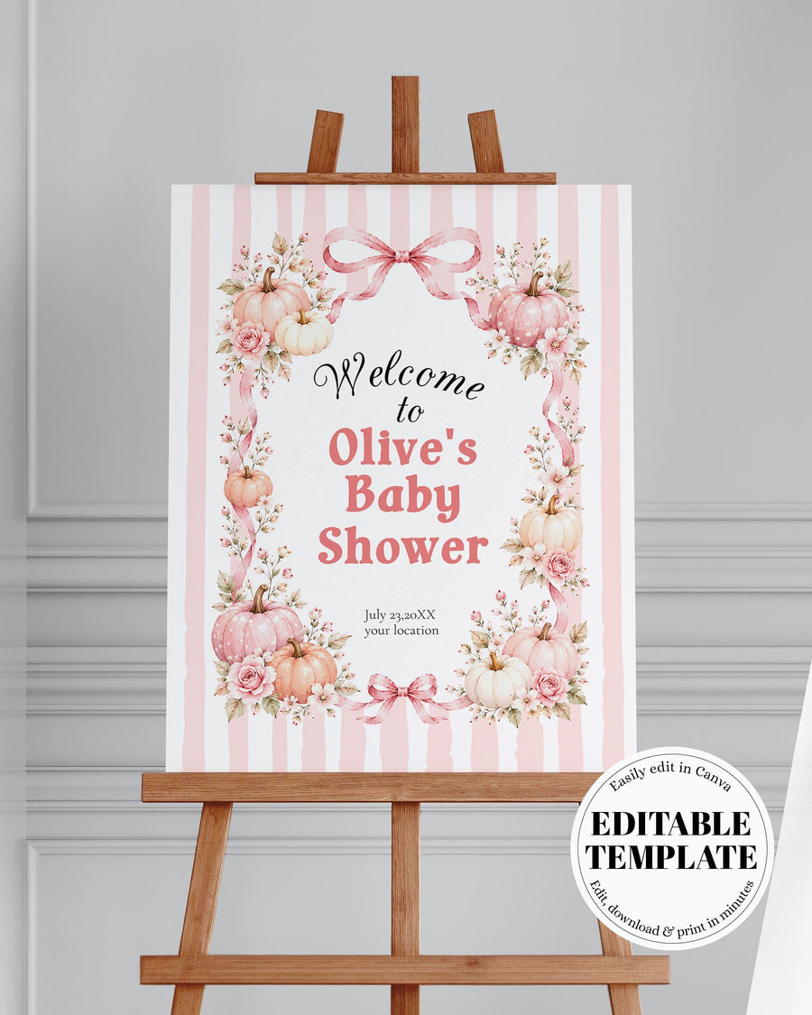 Pink Pumpkin Baby Shower Welcome Sign, Girl Fall Cottagecore Bow Editable Template 089PU-WLCM-PI - marryful.org