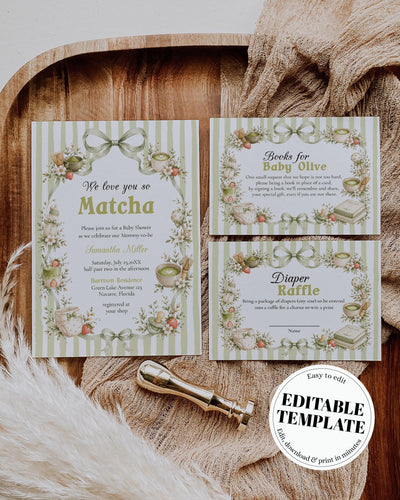 Matcha Baby Shower Invitation Template, Green-Striped A Little Matcha Is on the Way 089MA-BSINV-GR - marryful.org