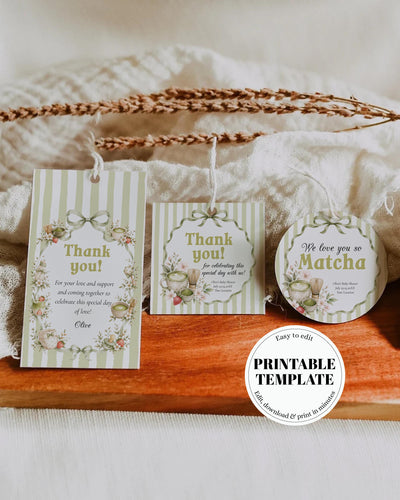 Matcha Baby Shower Favor Tags Template, Green-Striped Labels and Stickers Printable Set 089MA-TLST-GR - marryful.org