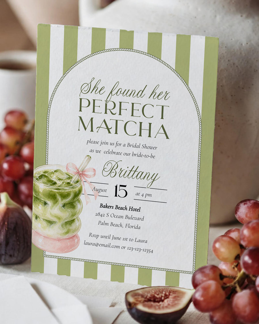 Matcha Bridal Shower Invitation Template, Iced Matcha Latte Tea Party Invite Printable 084PM-BRSINV - marryful.org