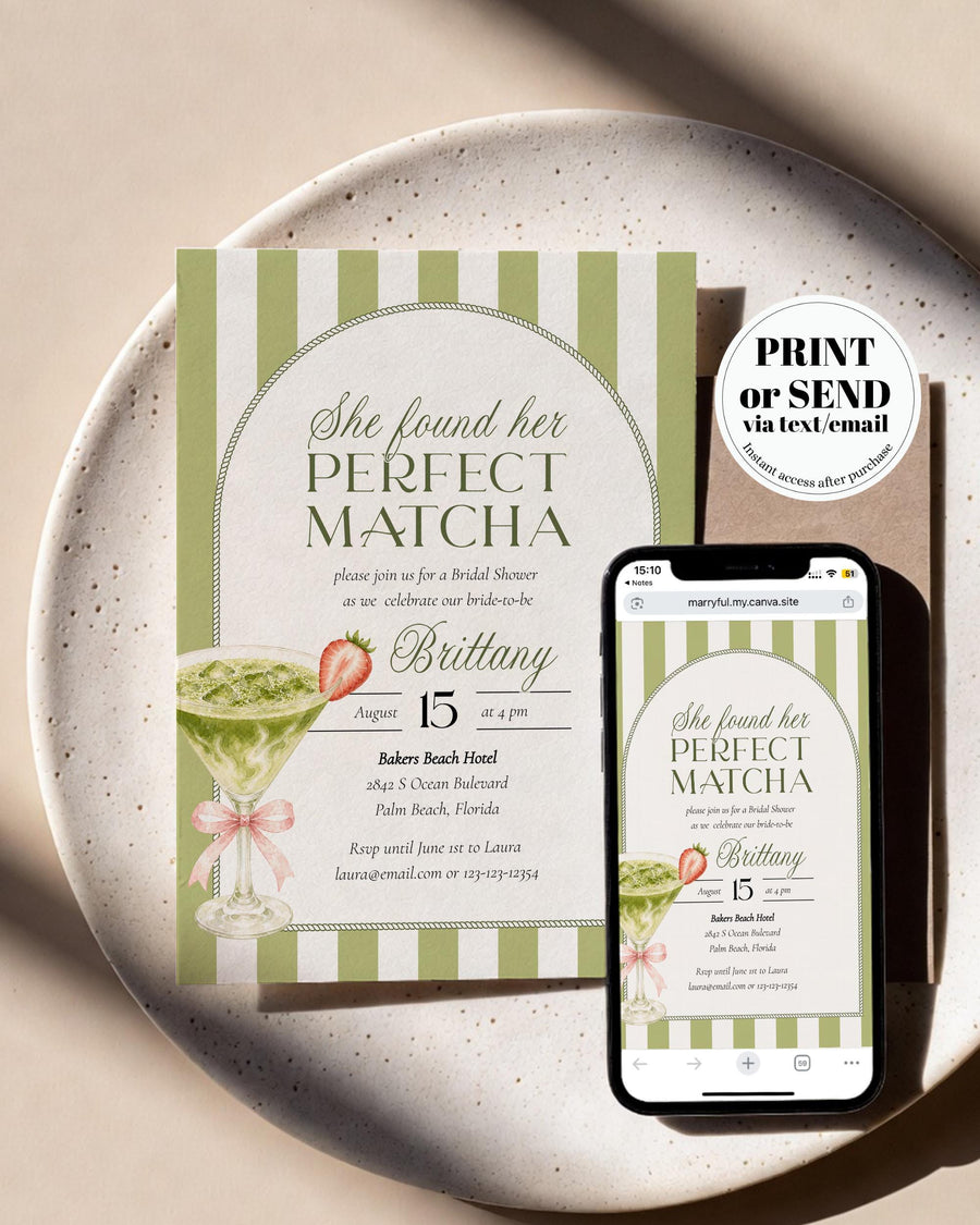 Matcha Bridal Shower Invitation Template, Strawberry Matcha Martini Tea Party Invite Printable 084PM-BRSINV - marryful.org