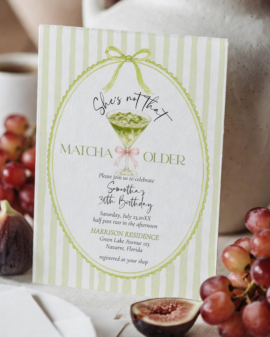 Matcha Birthday Invitation Template, She’s Not That Matcha Older, Tea Party Invite 089PM-BINV - marryful.org