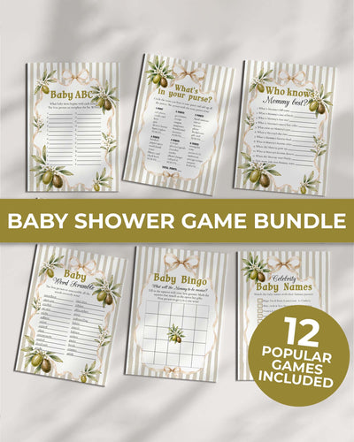 Olive Baby Shower Games Bundle, Little Olive Party Activities, Printable Editable Template 089OL-BSGAMEB - marryful.org