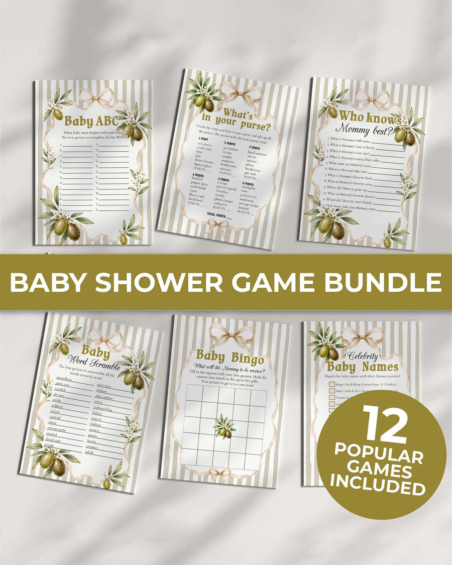 Olive Baby Shower Games Bundle, Little Olive Party Activities, Printable Editable Template 089OL-BSGAMEB - marryful.org