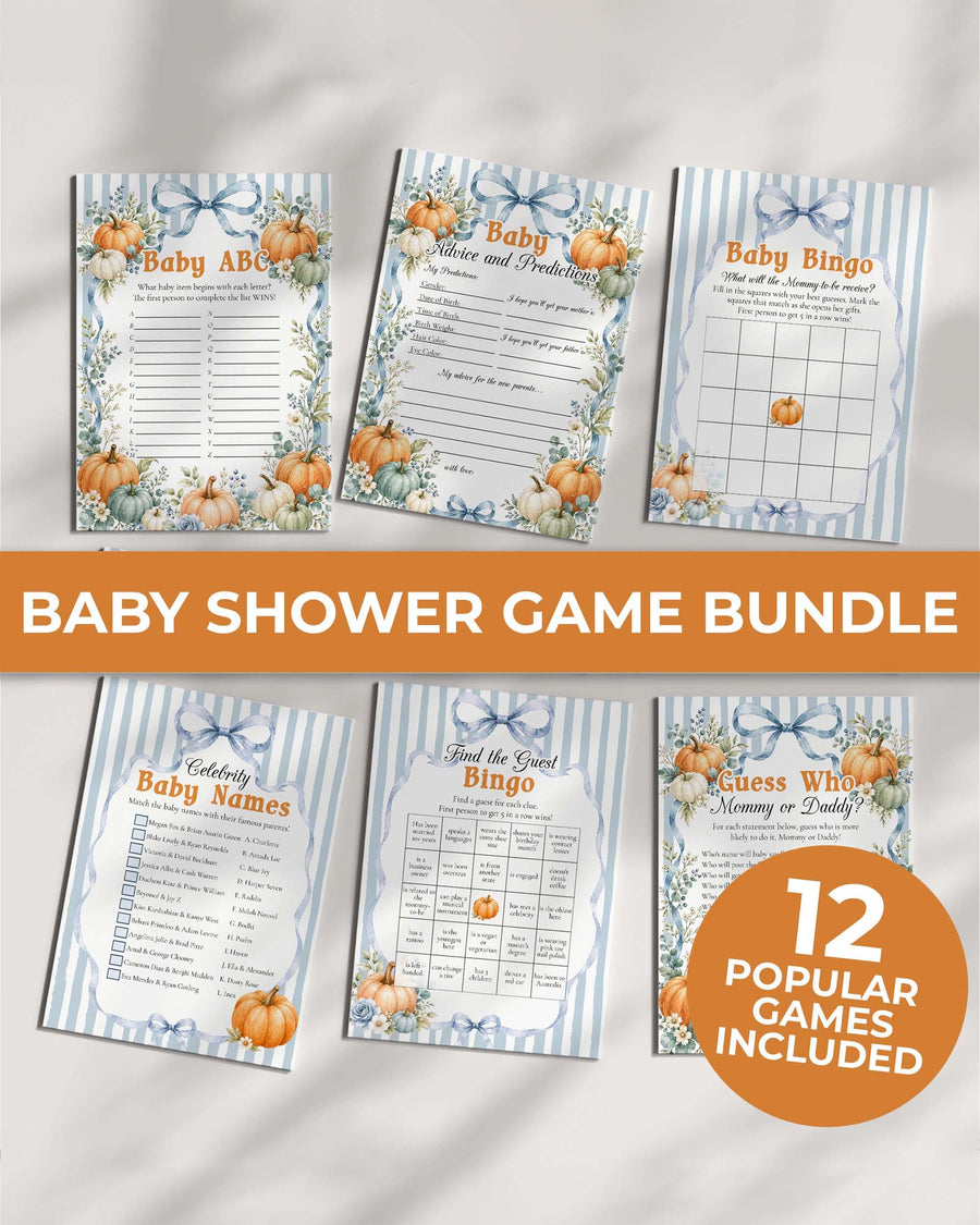Blue Pumpkin Baby Shower Games Bundle, Boy Fall Cottagecore Bow Editable Template 089PU-BSGAMEB - marryful.org