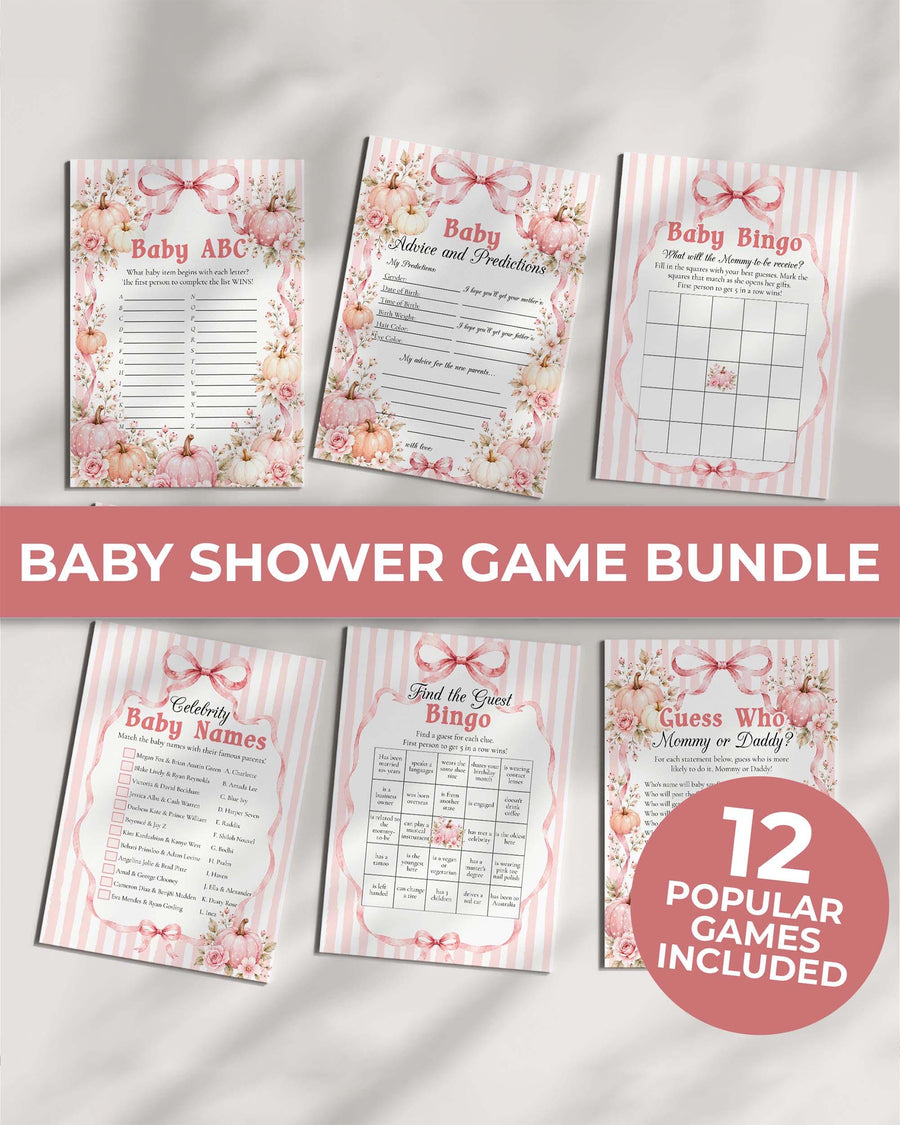 Pink Pumpkin Baby Shower Games Bundle, Girl Fall Cottagecore Bow Editable Template 089PU-BSGAMEB-PI - marryful.org
