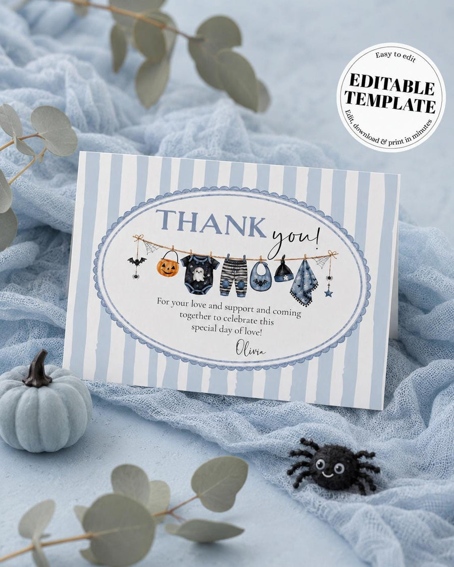 Halloween Baby Shower Thank You Card, Blue Little Boo Boy Note, Editable Template 089HA-THCA - marryful.org