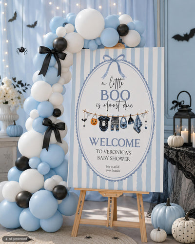 Halloween Baby Shower Welcome Sign, Blue Little Boo Boy Cottagecore Decor, Editable Template 089HA-WLCM - marryful.org