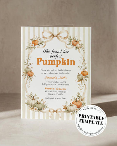 Pumpkin Bridal Shower Invitation, She Found Her Perfect Pumpkin Beige Bow Template 089PU-BRSINV - marryful.org
