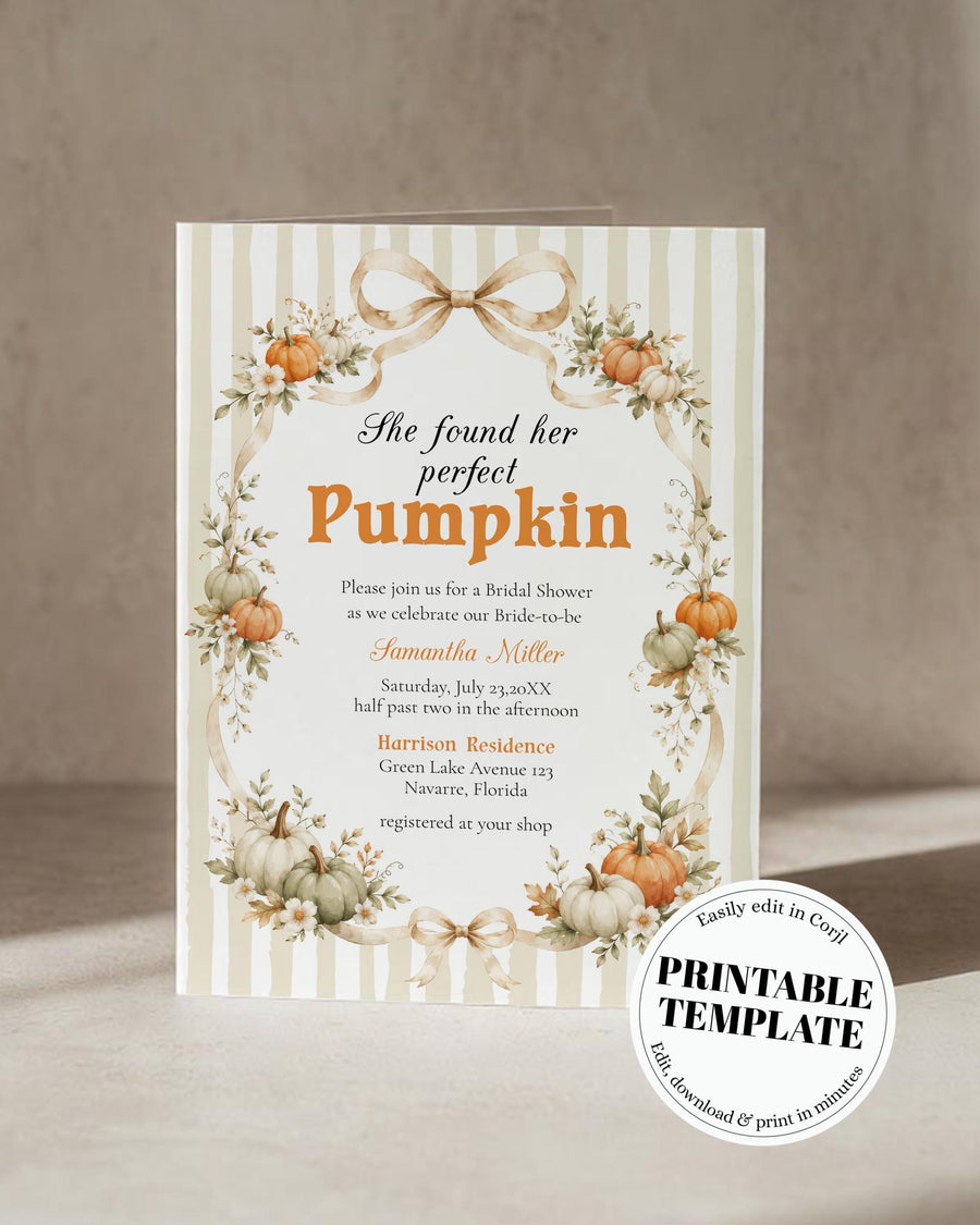Pumpkin Bridal Shower Invitation, She Found Her Perfect Pumpkin Beige Bow Template 089PU-BRSINV - marryful.org