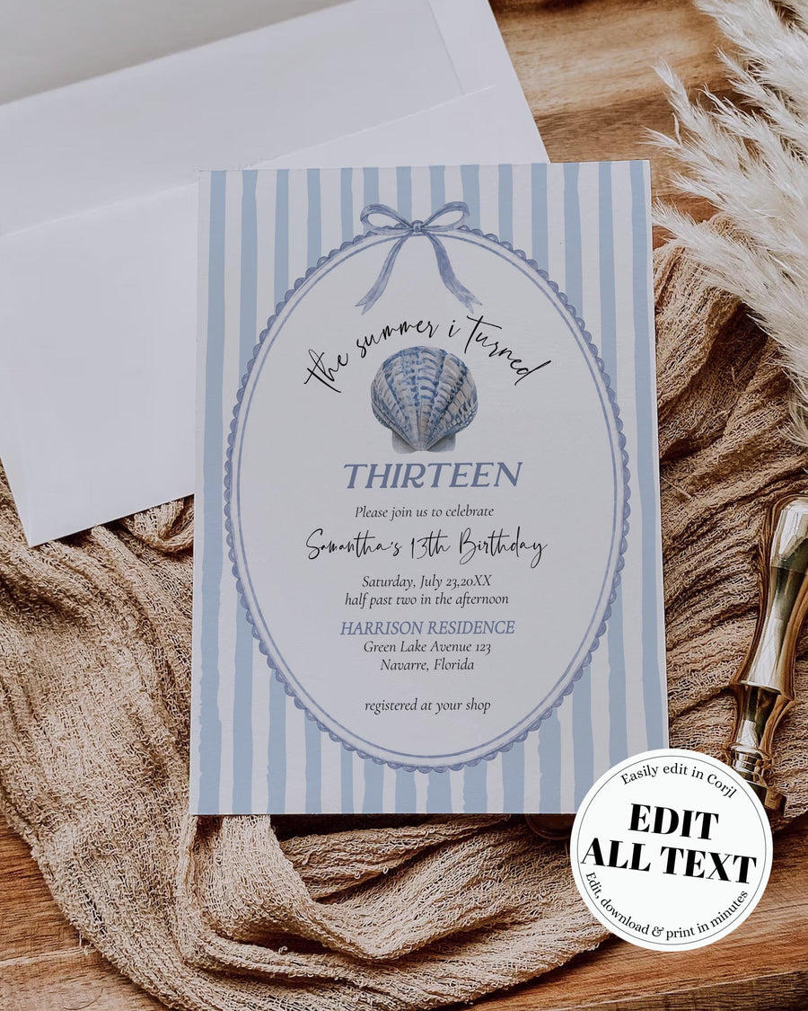 Summer I Turned Any Age Birthday Invitation, Blue Stripe Seashell Bow Invite, Coastal Beach Template 089PM-BINV - marryful.org