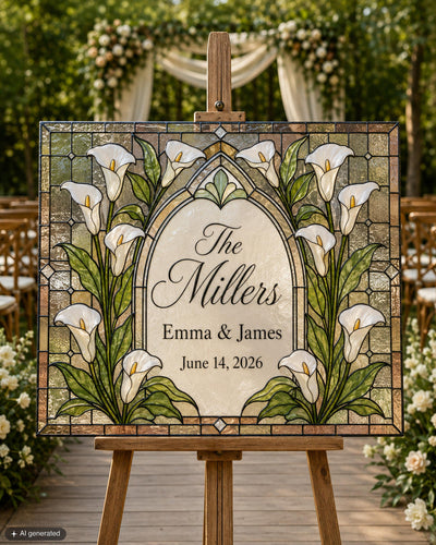 Last Name Wedding Sign, Cathedral Calla Lily Faux Stained Glass Keepsake Canva Template 035STGL-WLCM - marryful.org