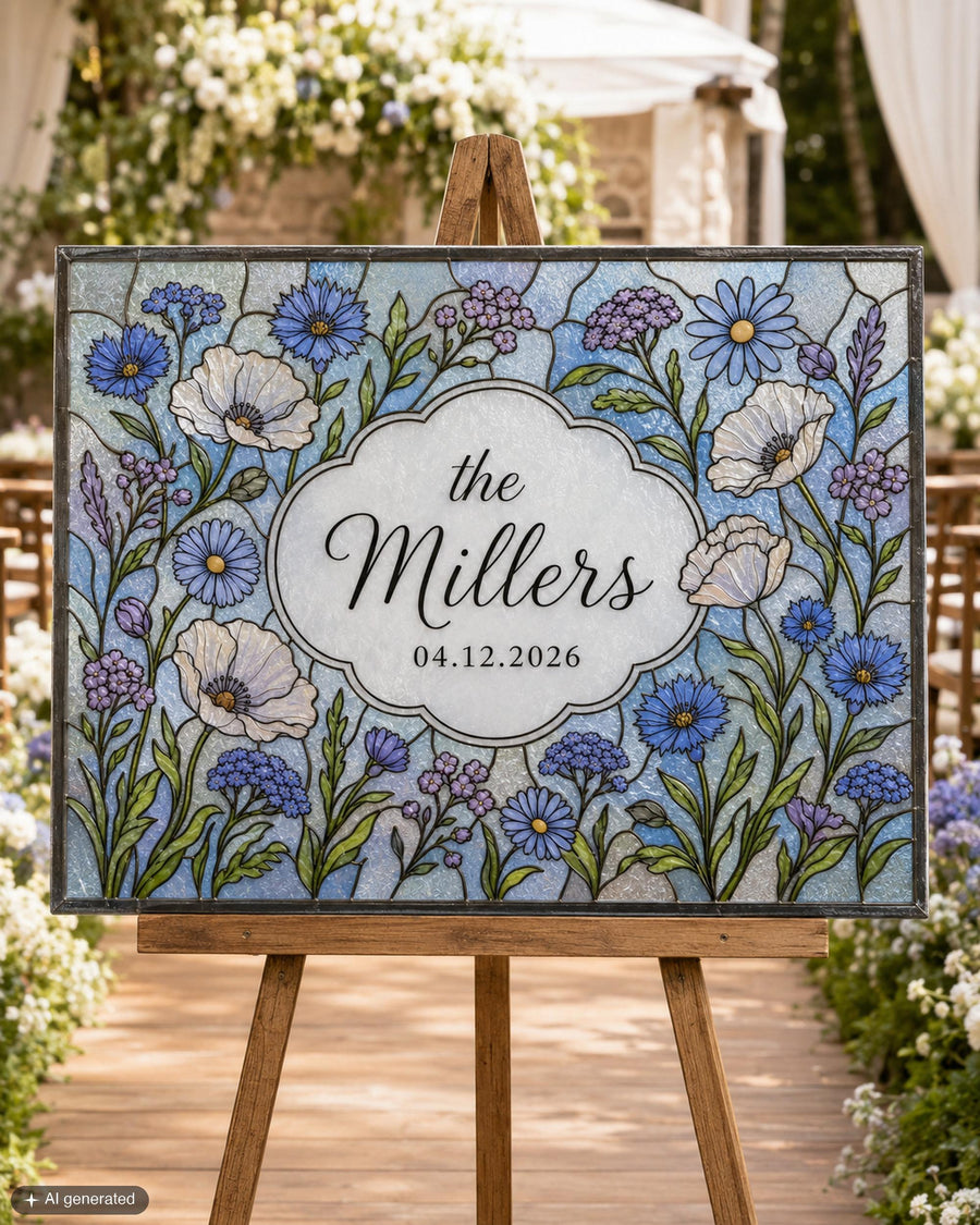 Last Name Wedding Sign, Blue Wildflower Faux Stained Glass Keepsake Canva DIY Template 035STGL-WLCM - marryful.org