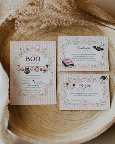 Little Boo Baby Shower Invitation Set, Pink Floral Halloween Vintage Bow Editable Template 069HA-BINV - marryful.org