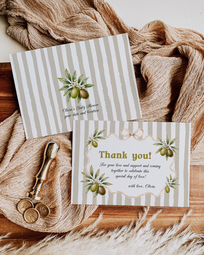 Olive Baby Shower Thank You Card, Sage Green Stripes, Editable Vintage Template 089OL-THCA - marryful.org